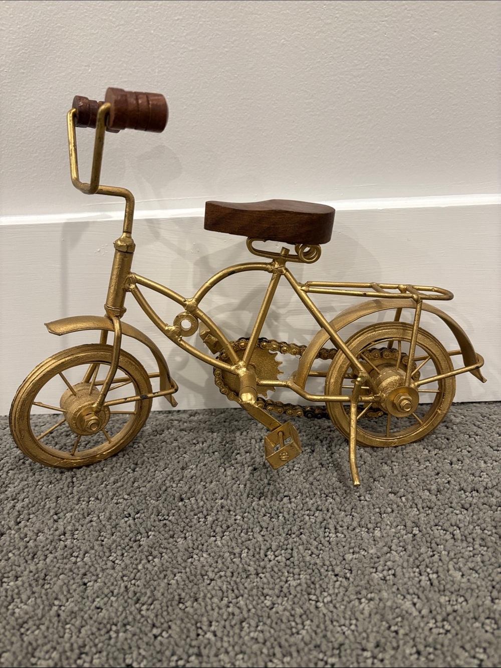Decorative Gold Bicycle Sculpture with Brown Wood Seat - Home Art Accent